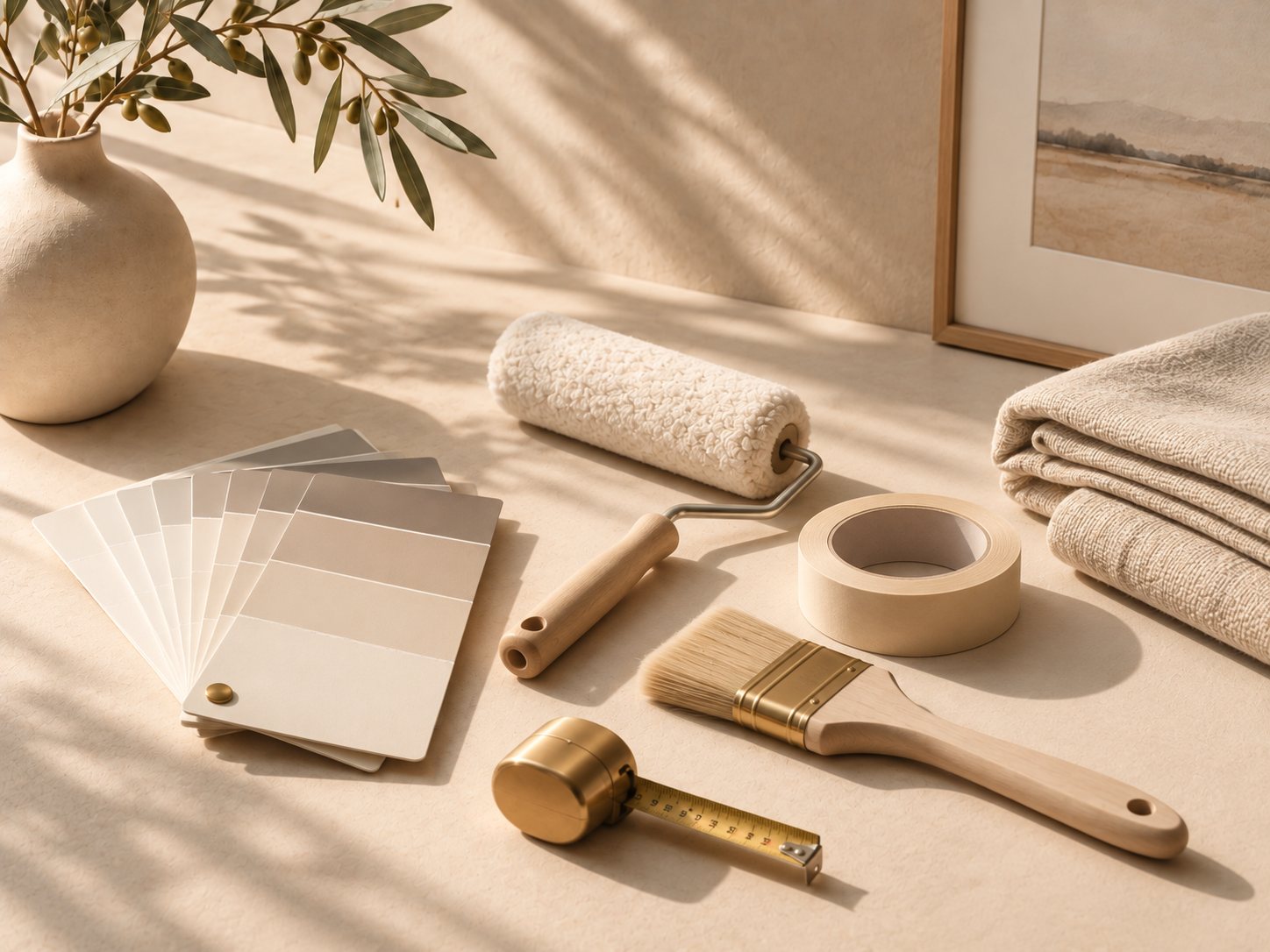 Paint swatches, a roller, a brush, masking tape and a brass tape measure on a sunlit linen-toned table