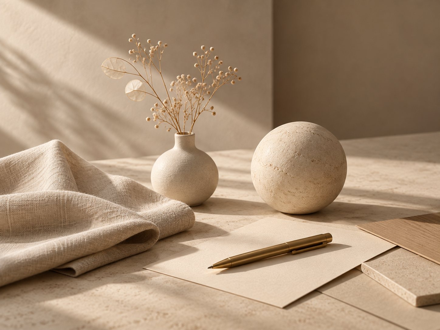 A stone sphere, a ceramic vase with dried stems and a brass pen on paper in warm afternoon light